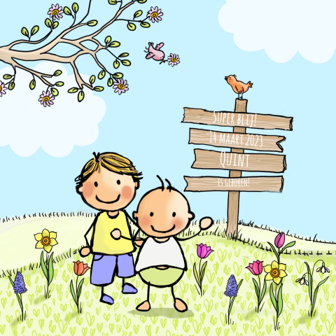 Leuk schattig lente geboortekaartje geillustreerd broertje en baby