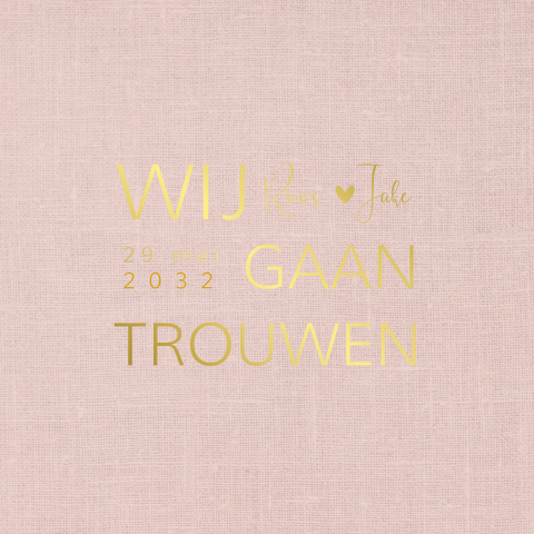 Trouwkaart modern met roze achtergrond en goud folie