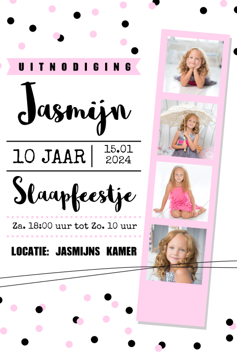 Uitnodiging slaapfeestje fotostrip confetti roze