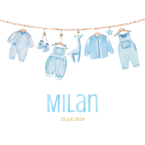 Geboortekaartje voor een jongetje met kleertjes aan waslijn