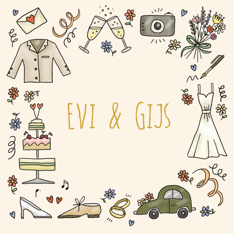 Trouwkaart kleine illustraties op roomkleurige achtergrond