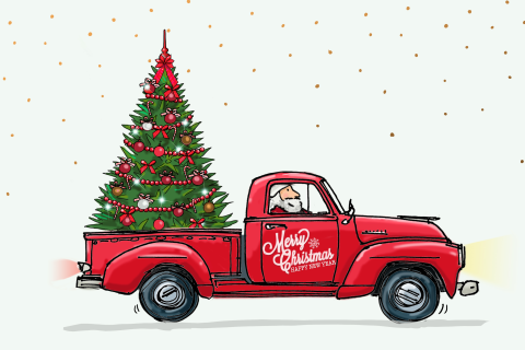 Vrolijke kerstkaart met pick-up truck