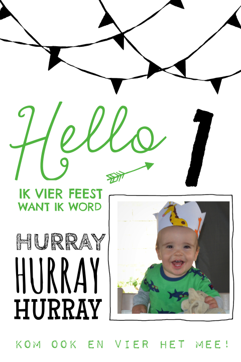 Uitnodiging 1e verjaardagsfeestje zwart wit met vlaggetjes