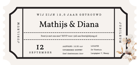Hippe jubileum 12,5 uitnodiging in de vorm van een ticket