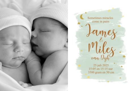 Geboortekaartje foto sterren maan waterverf goudfolie tweeling