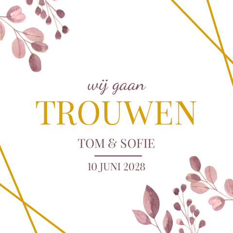 Trouwkaart roze bloemen en geometrische goudfolie strepen
