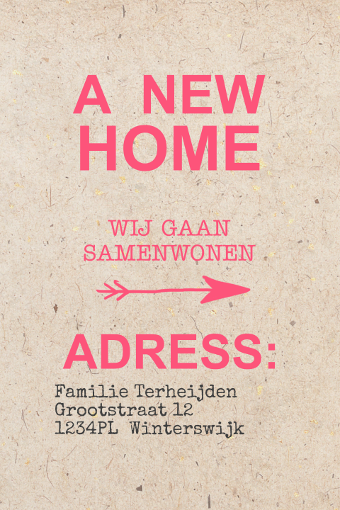Trendy samenwonen verhuiskaart in papierlook en neon kleur roze 