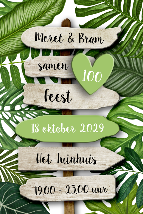 Uitnodiging dubbel feest botanisch groen houten bordjes