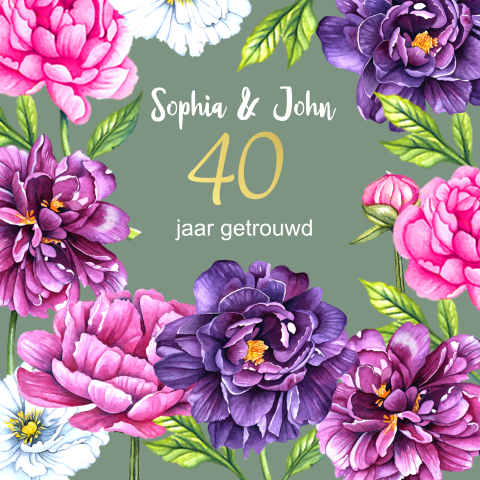 40 jaar getrouwd uitnodiging pioenrozen met goudfolie