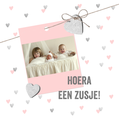 Geboortekaartje 3de kindje foto en hartjes roze 