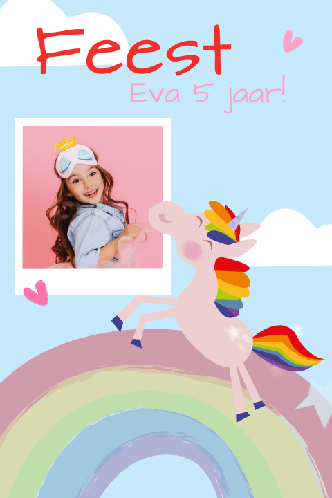 Uitnodiging kinderfeestje met foto en getekende eenhoorn