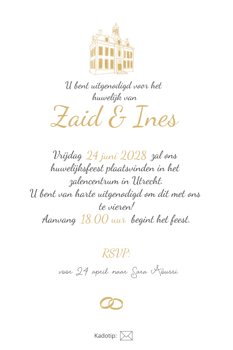 Bijzondere trouwkaart mooi stadhuis arabisch goud