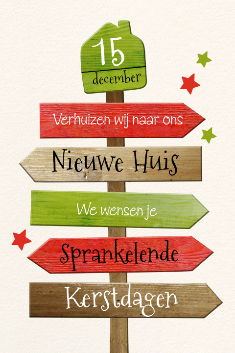 Kerst Verhuiskaart wegwijzer gekleurd met huisje