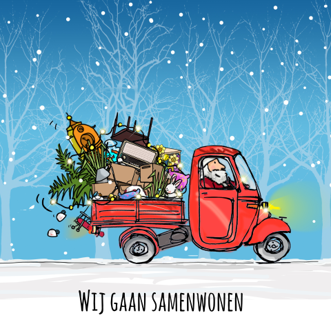 Wij gaan samenwonen kerstkaart en verhuiskaart samen ape met kerstman
