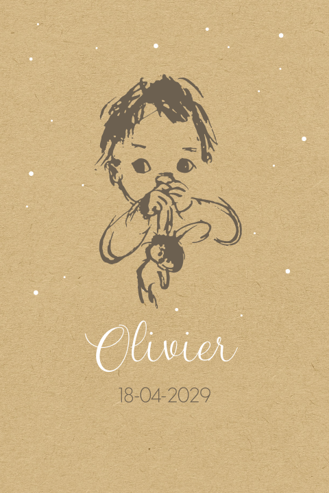Geboortekaartje baby jongen in bruindruk op kraft look achtergrond