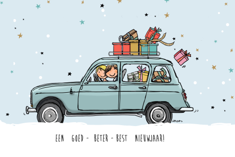 Blauw getekende kerstkaart met renault 4 blauw