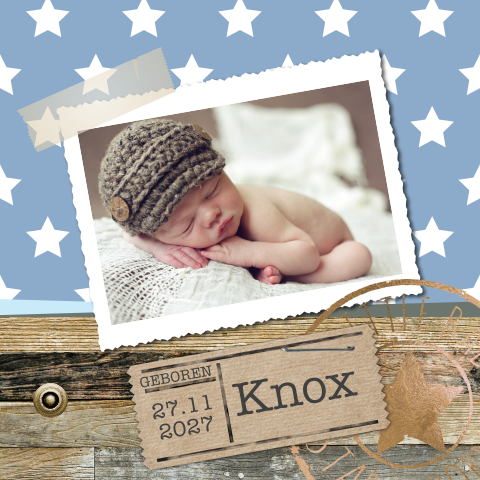 Geboortekaart voor jongen steigerhout en stempels stoer