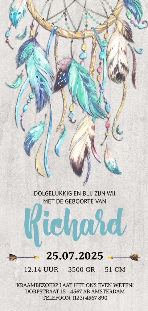 Bohemian geboortekaartje dromenvanger voor jongen met blauwe veren