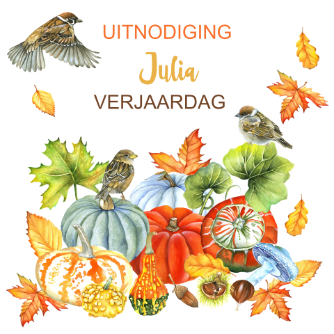 Uitnodiging 60e verjaardag met kalebas herfst vogels