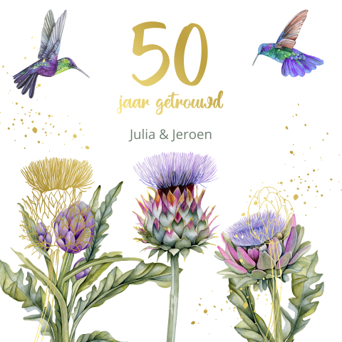 Uitnodiging 50 jaar getrouwd met artisjok hummingbirds