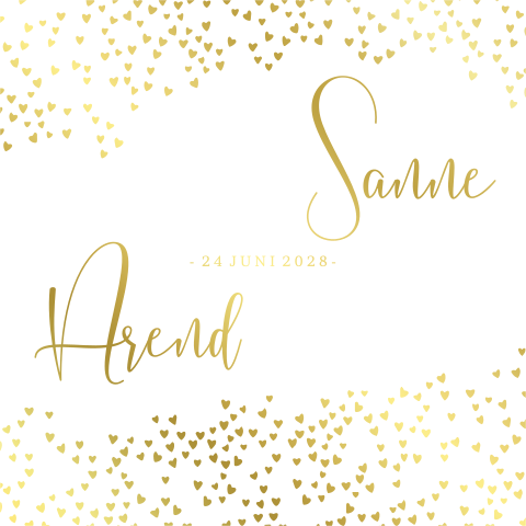 Trouwkaart goudfolie met sierlijke namen hartjes