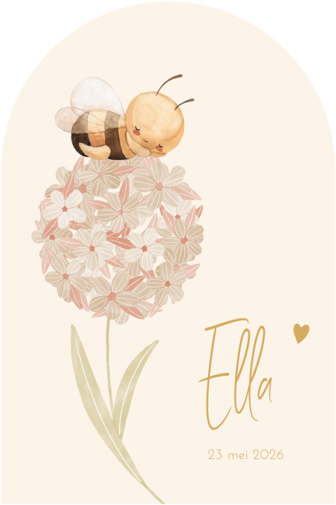 Geboortekaartje meisje met bloem en lief bijtje