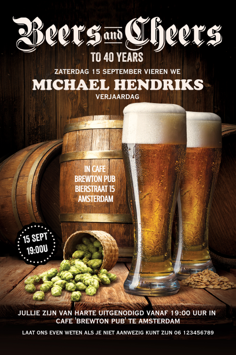 Uitnodiging 40e verjaardag feest man bier en houten vat