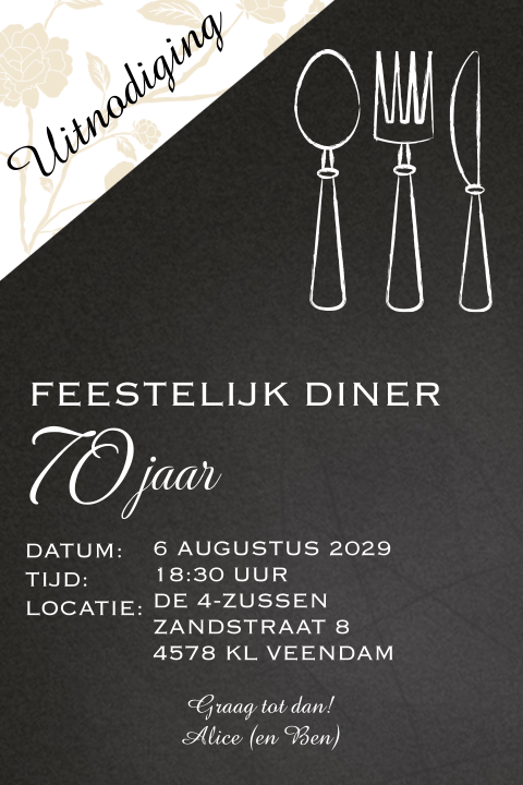 Uitnodigingskaart diner etentje 70 jaar verjaardagsfeest