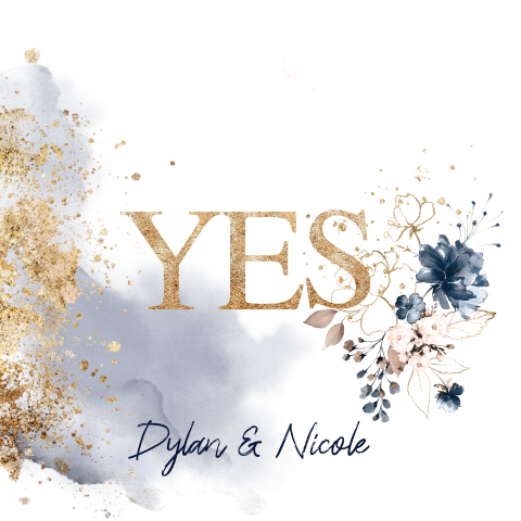 Trouwkaart blauw pastel met verf en goud spetters