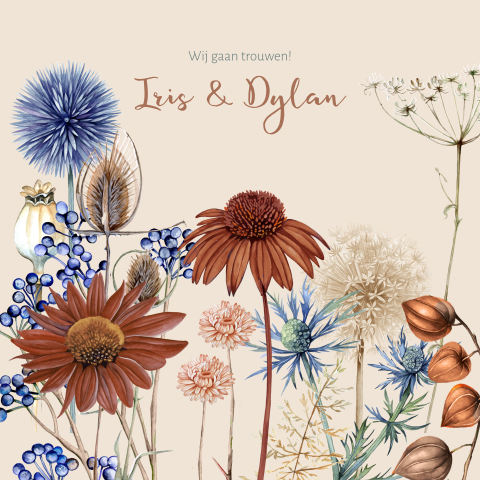 Beige trouwkaart droogbloemen in bruin en blauw