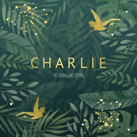 Geboortekaartje neutraal met kraanvogel in kleur goudfolie