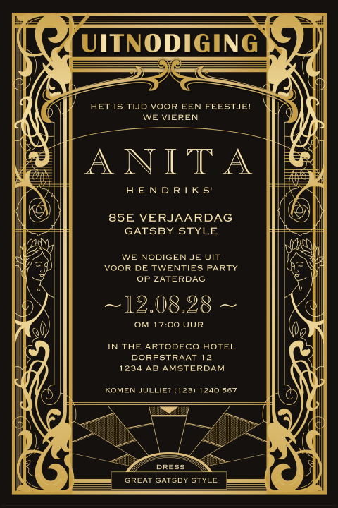 Great Gatsby verjaardagsuitnodiging 85 Art Deco stijl