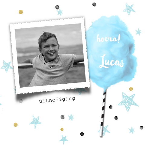 Leuke uitnodiging kinderfeestje verjaardag blauwe suikerspin