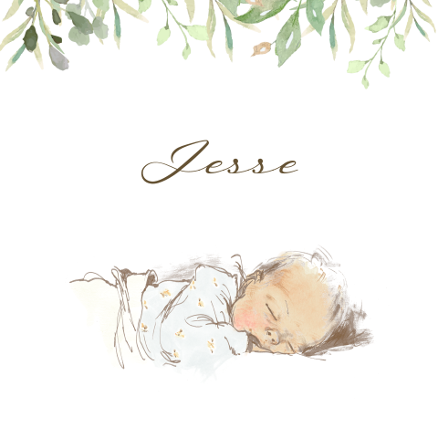 Geboortekaartje pentekening met bladeren voor een jongen