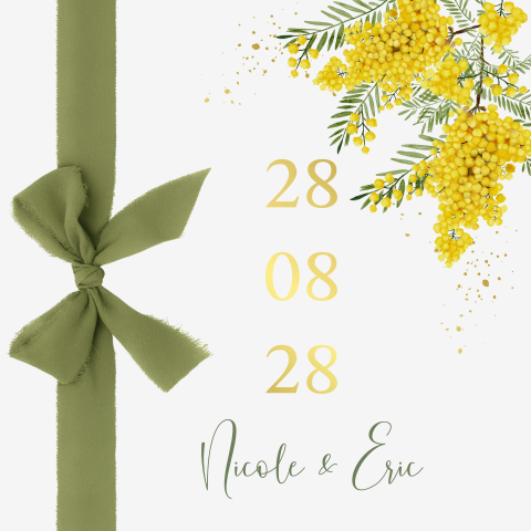 Stijlvolle trouwkaart met momosabloemen en lint met goudfolie