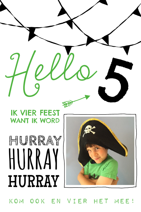 Uitnodiging kinderfeestje zwart wit met vlaggetjes