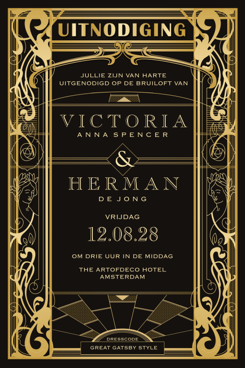 Great Gatsby uitnodiging Art Deco stijl met roaring twenties thema