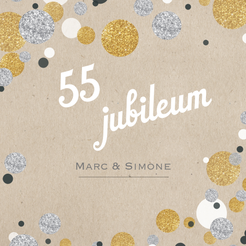 Uitnodiging jubileum 55 met confetti in zilver en goudlook