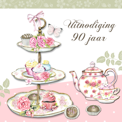 Uitnodiging 90ste verjaardag high tea feest vrouwen