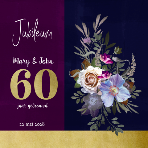 Jubileum 60 jaar getrouwd uitnodiging paars boeket goudlook 