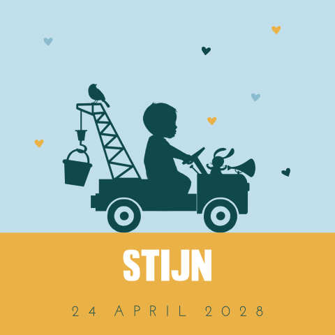 Auto geboortekaartje jongen met felle kleuren hijskraanwagen