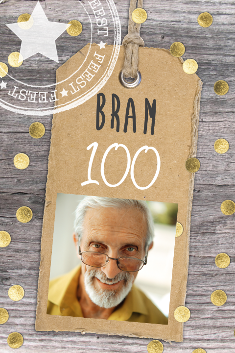 Uitnodiging 100ste verjaardag feest met hout en gouden confetti