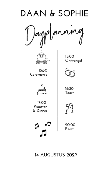 Tijdlijn bruiloft kaartje dagplanning