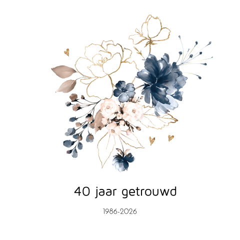 Jubileum uitnodiging 40 jaar bloemen blauw en goud