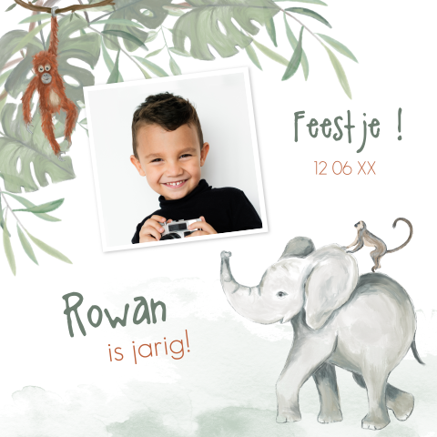 Uitnodiging verjaardag jungle feestje olifant aapje