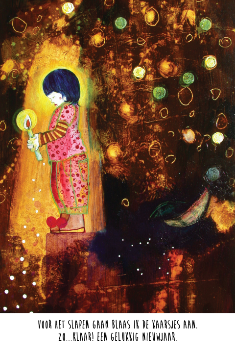 Originele kerstkaart met illustratie van kindje met kaars en lichtjes.