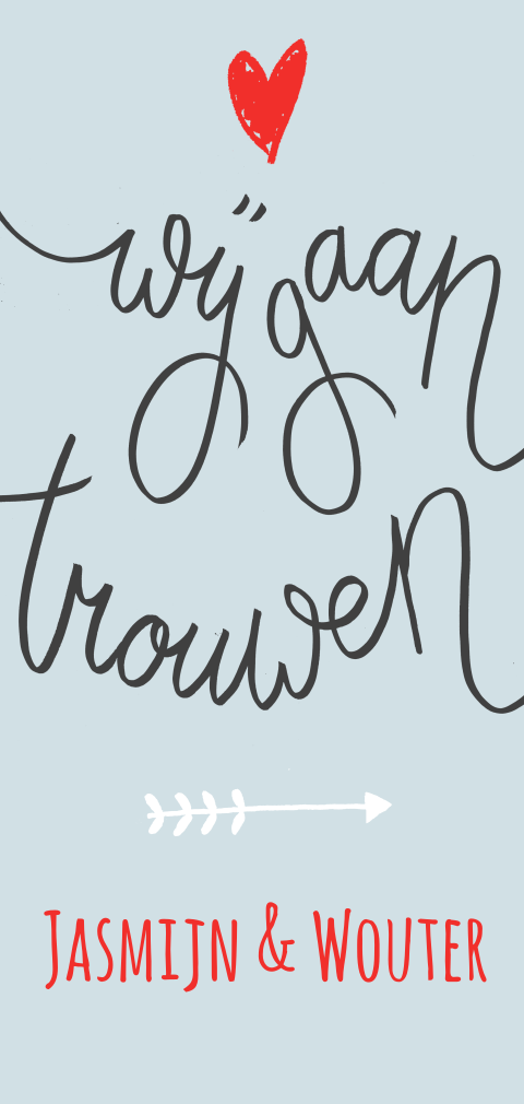 Trouwkaart handlettering blauw en rood