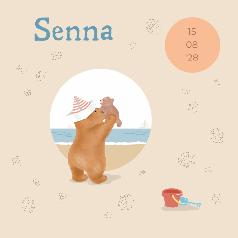 Geboortekaartje jongen beertje op het strand