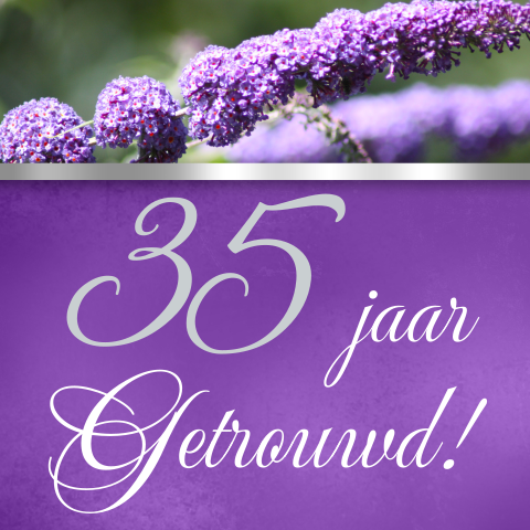 Paarse uitnodigings kaart bloem 35 jaar getrouwd