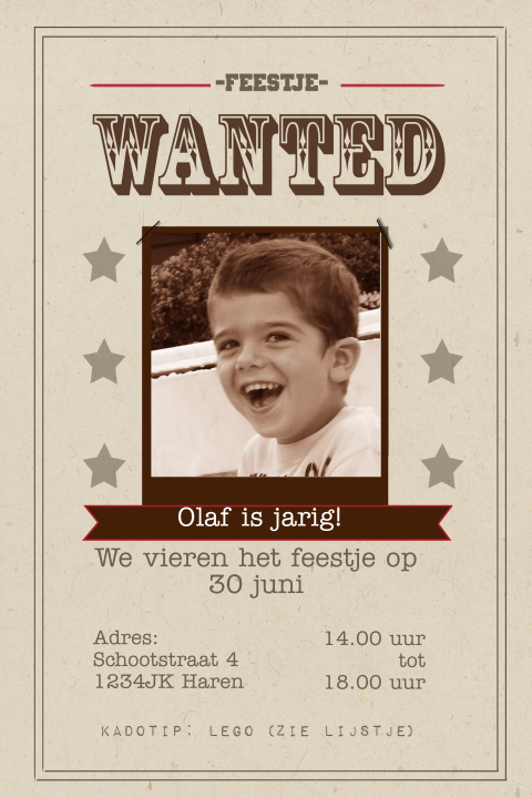 Uitnodigingskaart voor een feestje met een wanted kaart